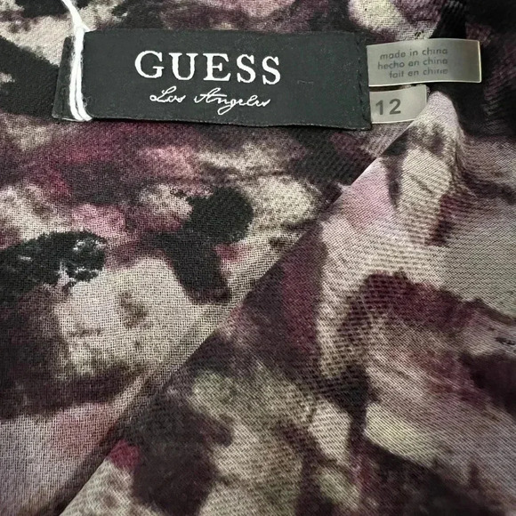 GUESS DRESS  PRINT STRAIGHT V NECK CAP SLEEVES PURPLE TAN AND  BLACK SIZE 12 XL - Picture 5 of 12